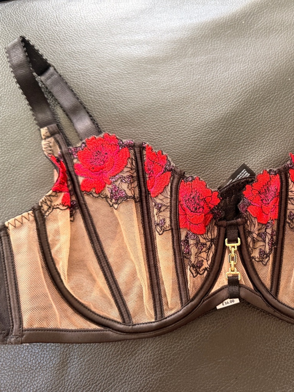 Luxury Lace Embroidered Bra Black Red Floral 36DD New